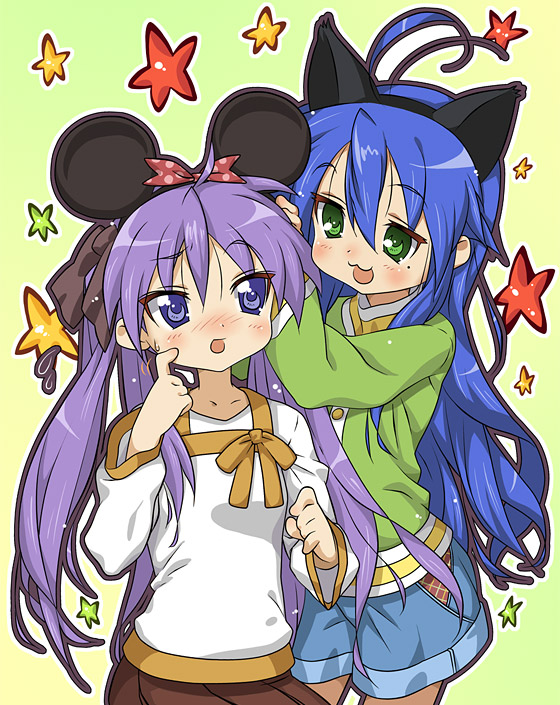 kink (tortoiseshell), hiiragi kagami, izumi konata, lucky star, 00s, 2girls, animal ears, cat ears, mole, mole under eye, mouse ears, multiple girls
