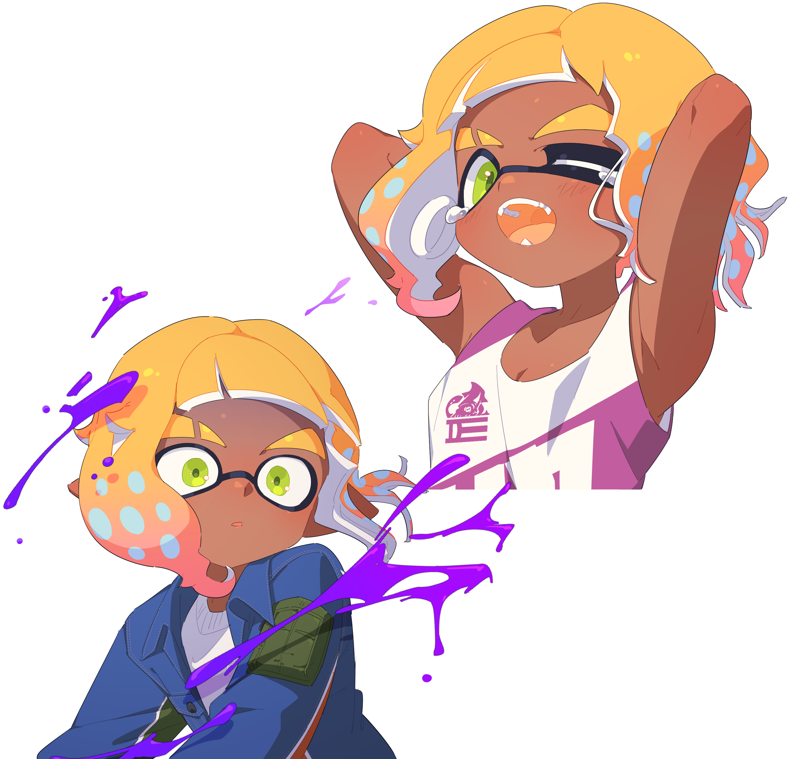 surume01417, inkling boy, inkling player character, nintendo, splatoon (series), absurdres, highres, 1boy, arms behind head, blonde hair, blue jacket, colored tongue, dark-skinned male, dark skin, eyebrow cut, gradient hair, green eyes, inkling, jacket, male focus, multicolored hair, multiple views, one eye closed, open clothes, open jacket, open mouth, orange tongue, paint splatter, parted lips, pink hair, pointy ears, shirt, short hair, simple background, tank top, tearing up, tentacle hair, thick eyebrows, white background, white shirt, white tank top, yawning