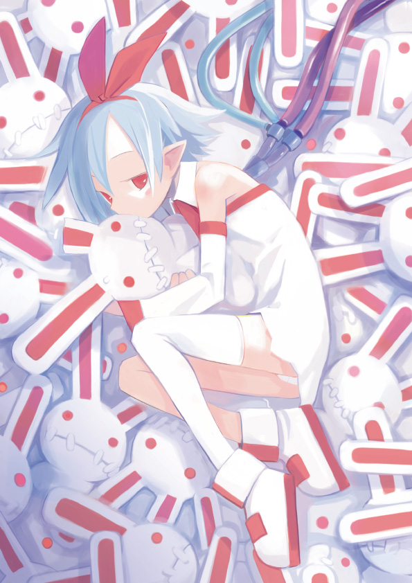harada takehito, pleinair, usagi-san, original, 1girl, bare shoulders, blue hair, boots, cable, female focus, hair ribbon, necktie, panties, pantyshot, pointy ears, rabbit, red eyes, ribbon, short hair, solo, stuffed animal, stuffed rabbit, stuffed toy, thighhighs, underwear, white thighhighs