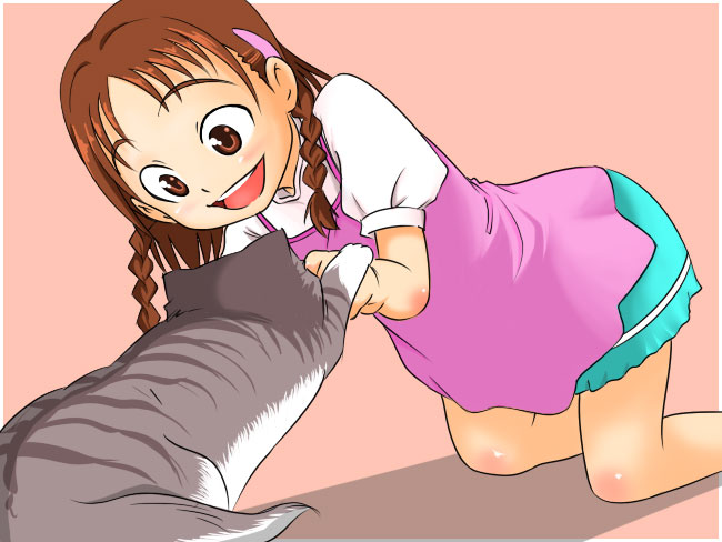 kumataka, tagme, 1girl, all fours, braid, brown hair, cat