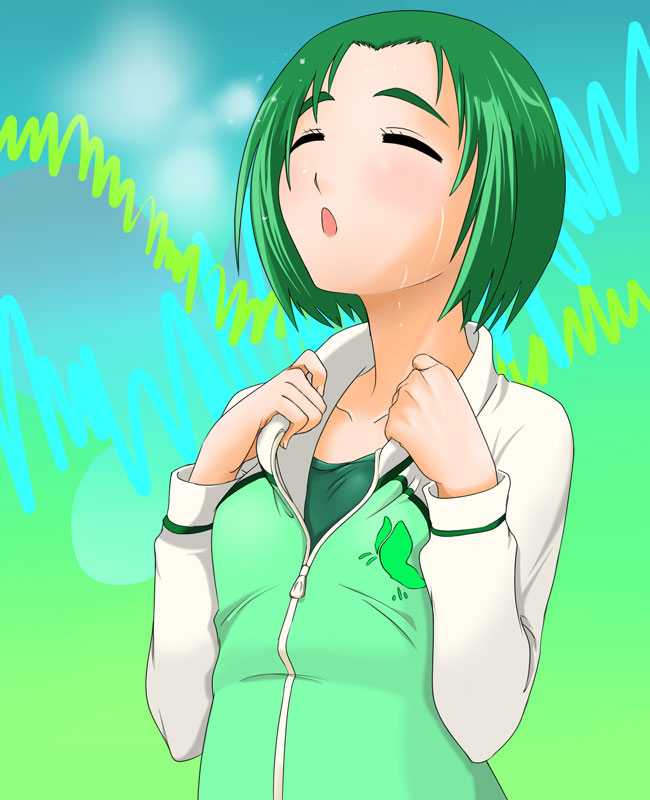 kumataka, 1girl, blush, closed eyes, female focus, green hair, green shirt, hands up, jacket, long sleeves, open mouth, shirt, short hair, solo, sweat, upper body, zipper