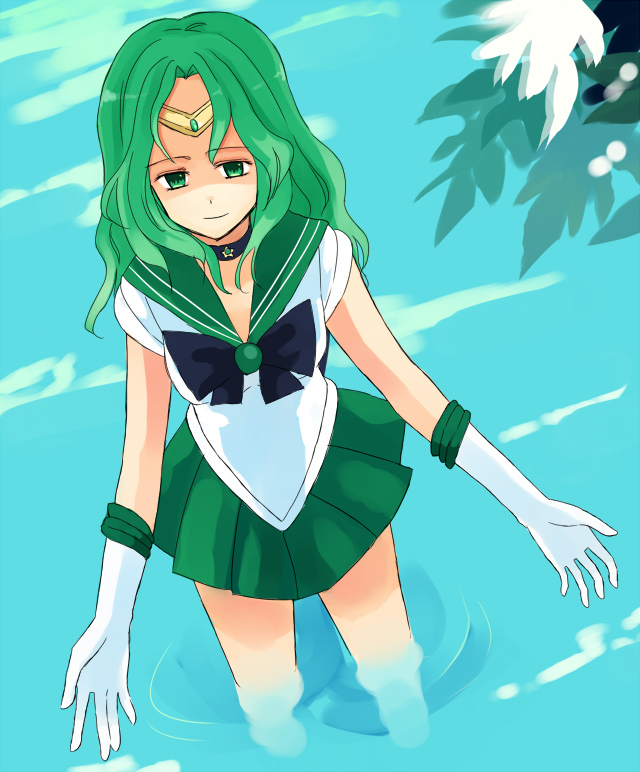 ghost0, kaiou michiru, sailor neptune, bishoujo senshi sailor moon, 1990s (style), 1girl, choker, female focus, gloves, green eyes, green hair, matching hair/eyes, retro artstyle, school uniform, serafuku, solo, water