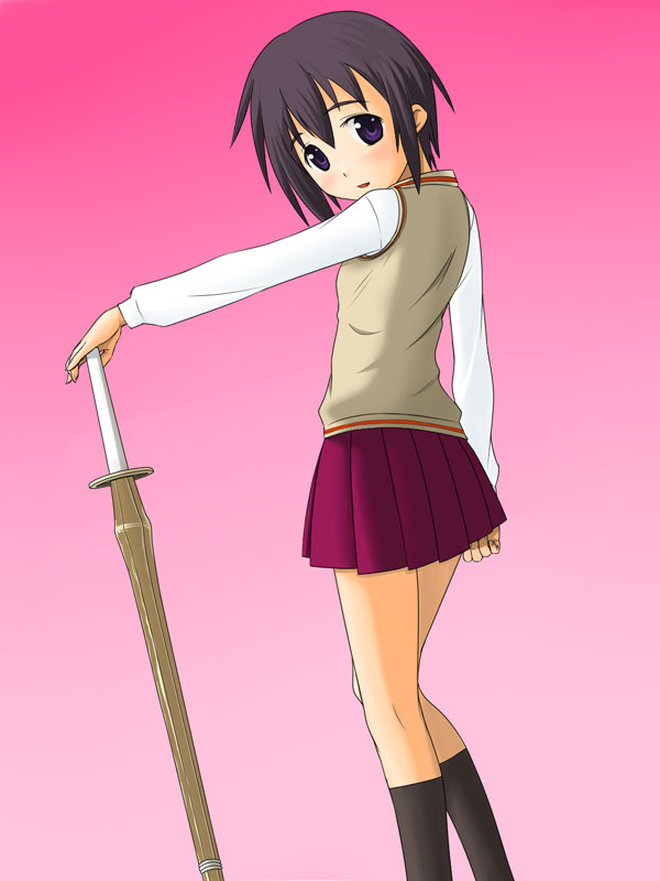 kumataka, kawazoe tamaki, bamboo blade, 00s, 1girl, bob cut, female focus, purple eyes, purple hair, school uniform, serafuku, shinai, short hair, simple background, solo, sword, weapon