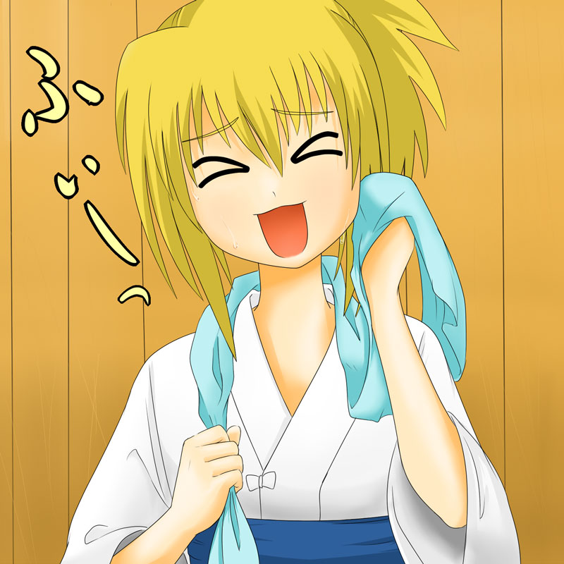 kumataka, chiba kirino, bamboo blade, > <, 00s, 1girl, blonde hair, closed eyes, female focus, solo, towel