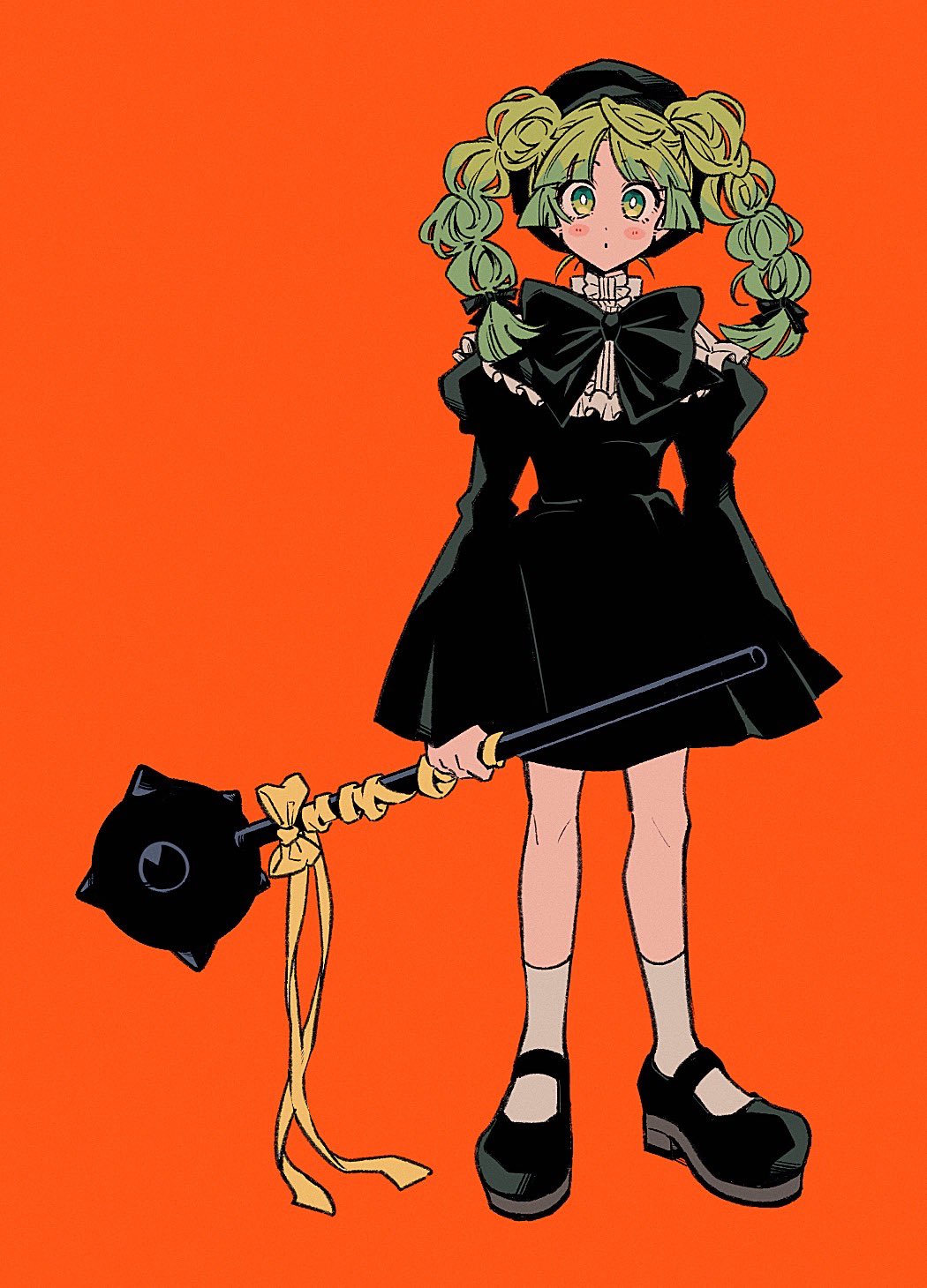 tochiko (spi), valac clara, mairimashita! iruma-kun, highres, 1girl, alternate costume, beret, black bow, black bowtie, black dress, black hat, black shoes, blunt sidelocks, bow, bowtie, bright pupils, collared dress, dress, full body, green eyes, green hair, hat, holding, holding weapon, juliet sleeves, long hair, long sleeves, looking at viewer, mary janes, orange background, platform shoes, puffy sleeves, shoes, sidelocks, simple background, socks, solo, twintails, weapon, white pupils, white socks