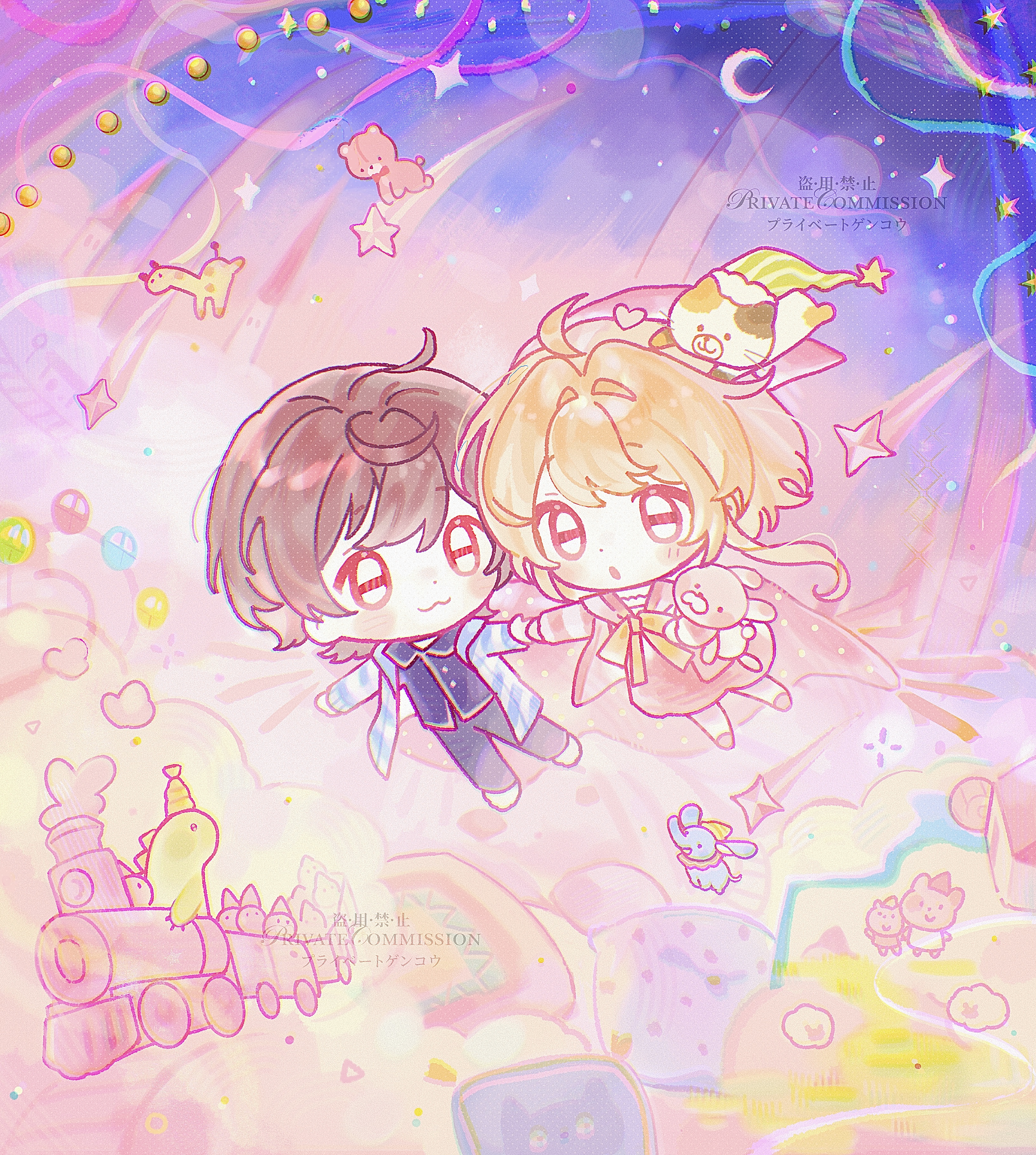 original, absurdres, highres, 1boy, 1girl, :3, :o, ahoge, bai yang zi, blonde hair, blue jacket, blue pants, blue shirt, blush stickers, bow, bowtie, brown hair, chibi, chibi only, closed mouth, dress, full body, holding, holding hands, holding stuffed toy, jacket, long hair, long sleeves, open clothes, open jacket, open mouth, pants, pink dress, pink shoes, shirt, shoes, short hair, smile, striped clothes, striped jacket, stuffed animal, stuffed rabbit, stuffed toy, teddy bear, toy train, white shoes, yellow bow, yellow bowtie
