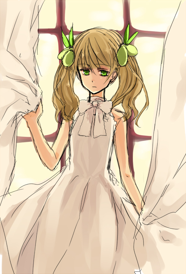 ghost0, tagme, blonde hair, dress, green eyes, twintails, window