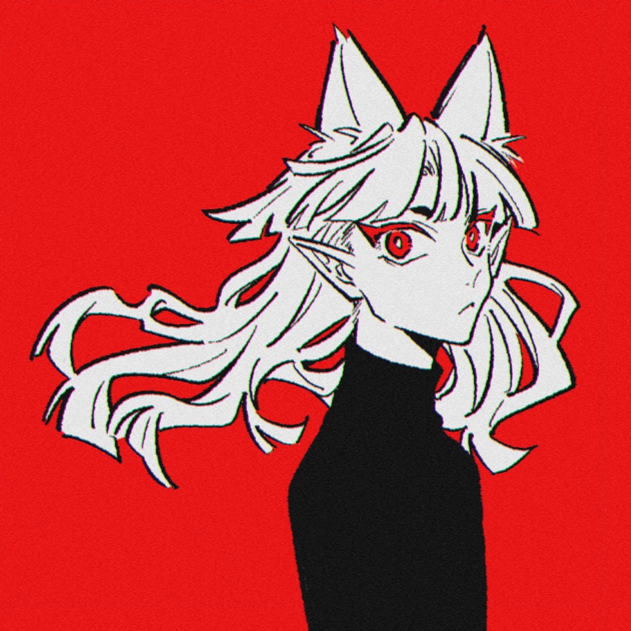 tochiko (spi), opera (iruma-kun), mairimashita! iruma-kun, commentary, highres, symbol-only commentary, 1other, animal ears, cat ears, closed mouth, colored eyelashes, extra ears, floating hair, greyscale with colored background, looking at viewer, medium hair, other focus, pointy ears, red background, red eyes, simple background, solo, turtleneck, upper body