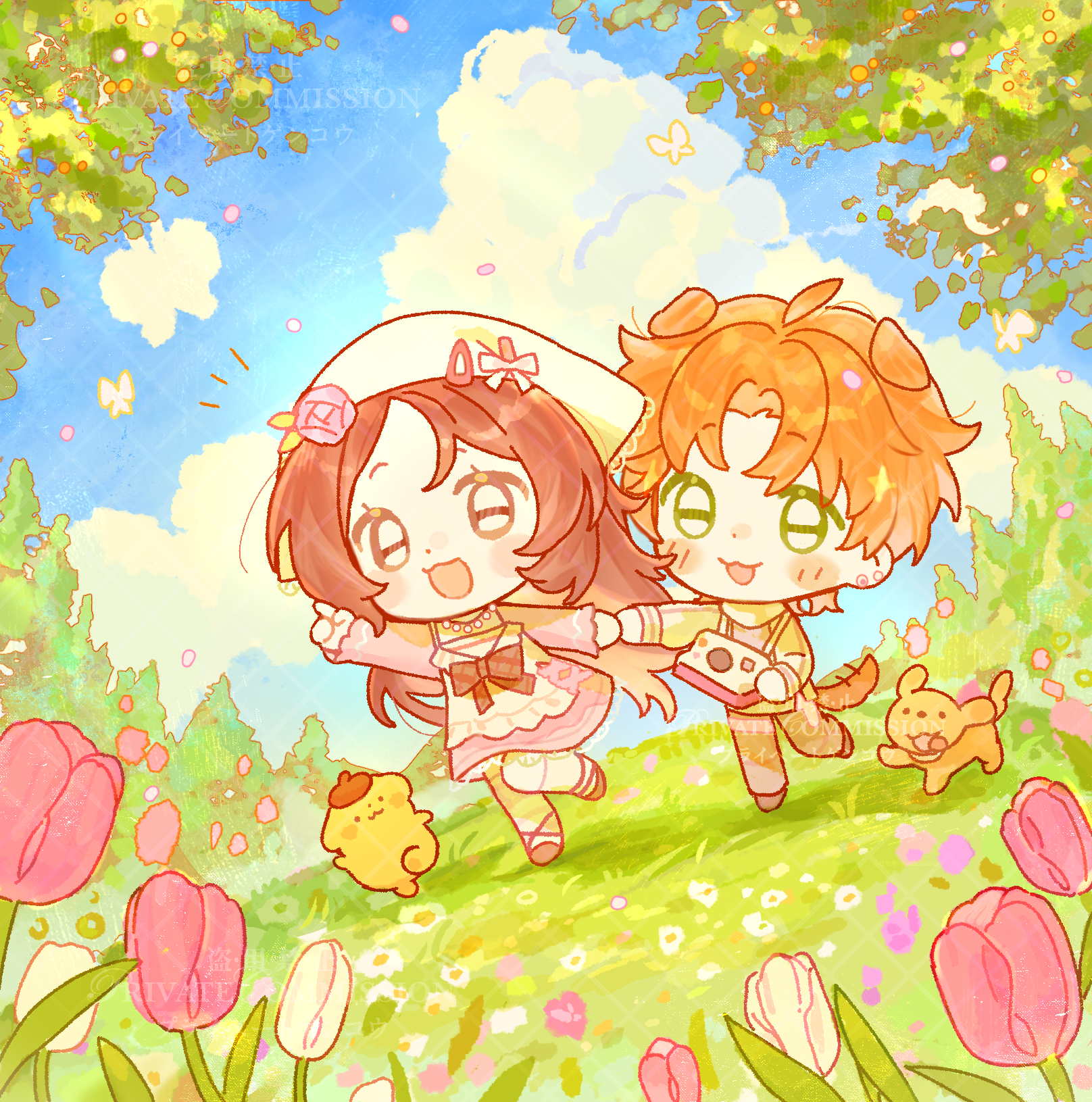 pompompurin, original, sanrio, highres, 1boy, 1girl, :3, :d, apron, bai yang zi, blue sky, blush stickers, bow, brown eyes, brown hair, brown pants, brown shoes, camera, chibi, chibi only, cloud, day, dog, dress, flower, full body, grass, green eyes, hat, holding, holding camera, holding hands, long hair, long sleeves, open mouth, orange hair, outdoors, pants, pink dress, pink flower, pink shoes, pink tulip, red bow, shirt, shoes, short hair, sky, smile, tree, tulip, waist bow, walking, white apron, white hat, yellow shirt