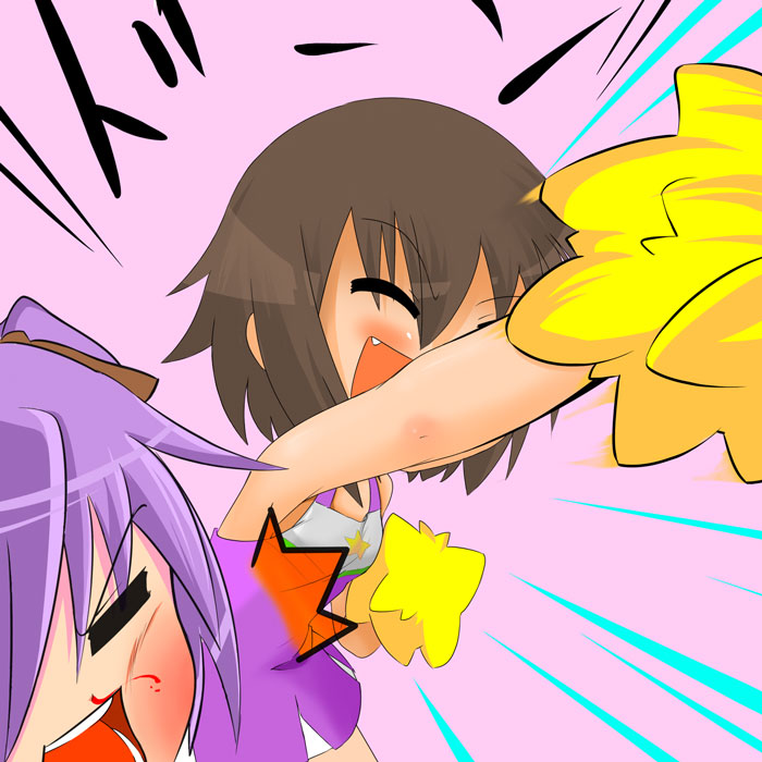 kumataka, hiiragi kagami, kusakabe misao, lucky star, 00s, 2girls, blood, cheerleader, fang, multiple girls, pom pom (cheerleading), punching