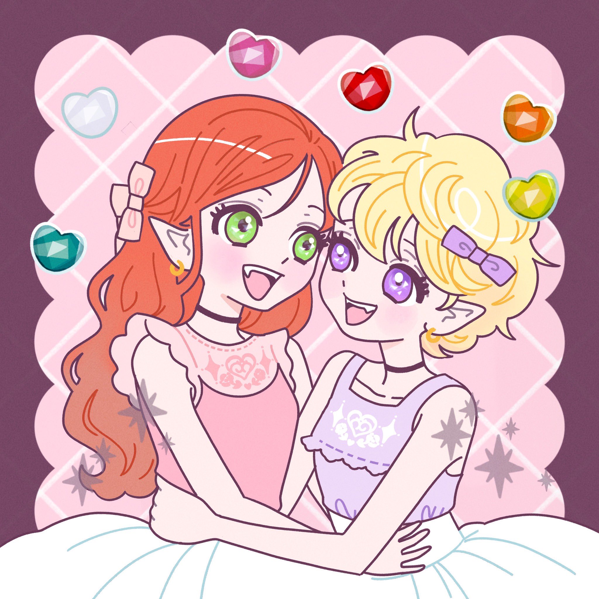 chocolat meilleure, vanilla mieux, sugar sugar rune, bad id, bad twitter id, highres, 2girls, blonde hair, border, choker, dress, earrings, fangs, green eyes, heart, hug, jewelry, long hair, multiple girls, open mouth, orange hair, pointy ears, purple border, purple eyes, short hair, sleeveless, smile, vhelaz7gry74280