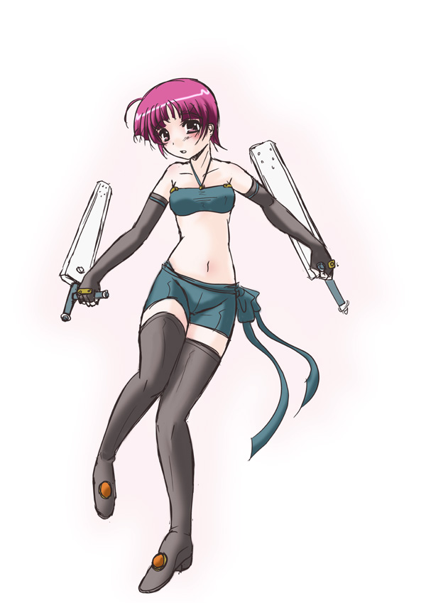 frapowa, schach nouera, windenschaft, lyrical nanoha, mahou shoujo lyrical nanoha, mahou shoujo lyrical nanoha strikers, 00s, 1girl, bladed tonfa, female focus, solo, thighhighs, tonfa, weapon