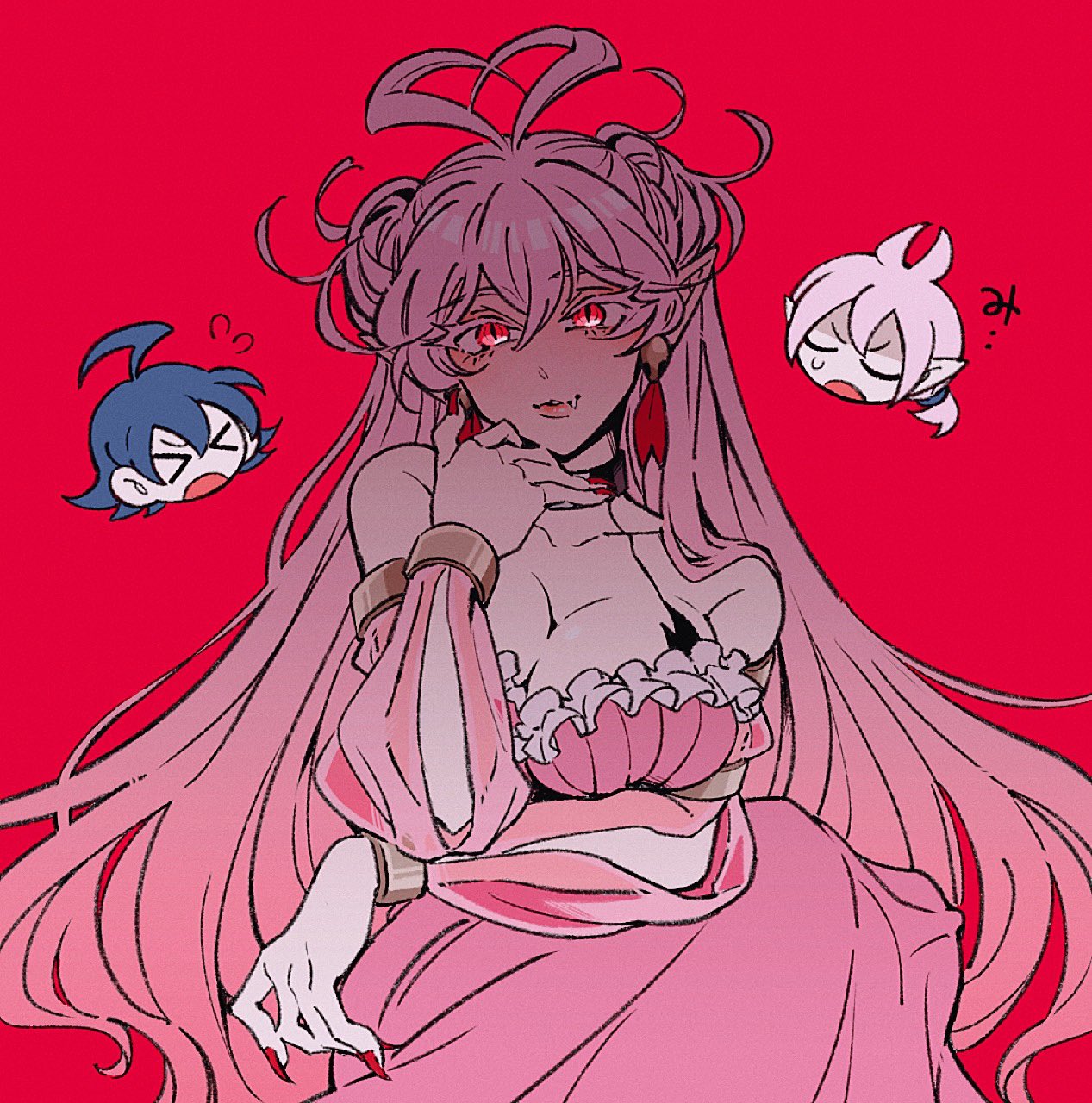 tochiko (spi), asmodeus alice, asmodeus amaryllis, suzuki iruma, mairimashita! iruma-kun, highres, 1girl, 2boys, ahoge, antenna hair, black choker, breasts, chibi, chibi inset, choker, cleavage, colored eyelashes, detached sleeves, dress, earrings, fang, heart, heart ahoge, jewelry, large breasts, lipstick, long hair, long sleeves, makeup, multiple boys, nail polish, pink dress, pink eyes, pink hair, pointy ears, red background, red lips, red nails, simple background, smile, solo