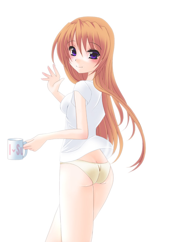 frapowa, teana lanster, lyrical nanoha, mahou shoujo lyrical nanoha, mahou shoujo lyrical nanoha strikers, 00s, ass, blouse, blush, brown hair, cup, hip focus, legs, long hair, mug, panties, pantyshot, purple eyes, shirt, solo, thighs, underwear