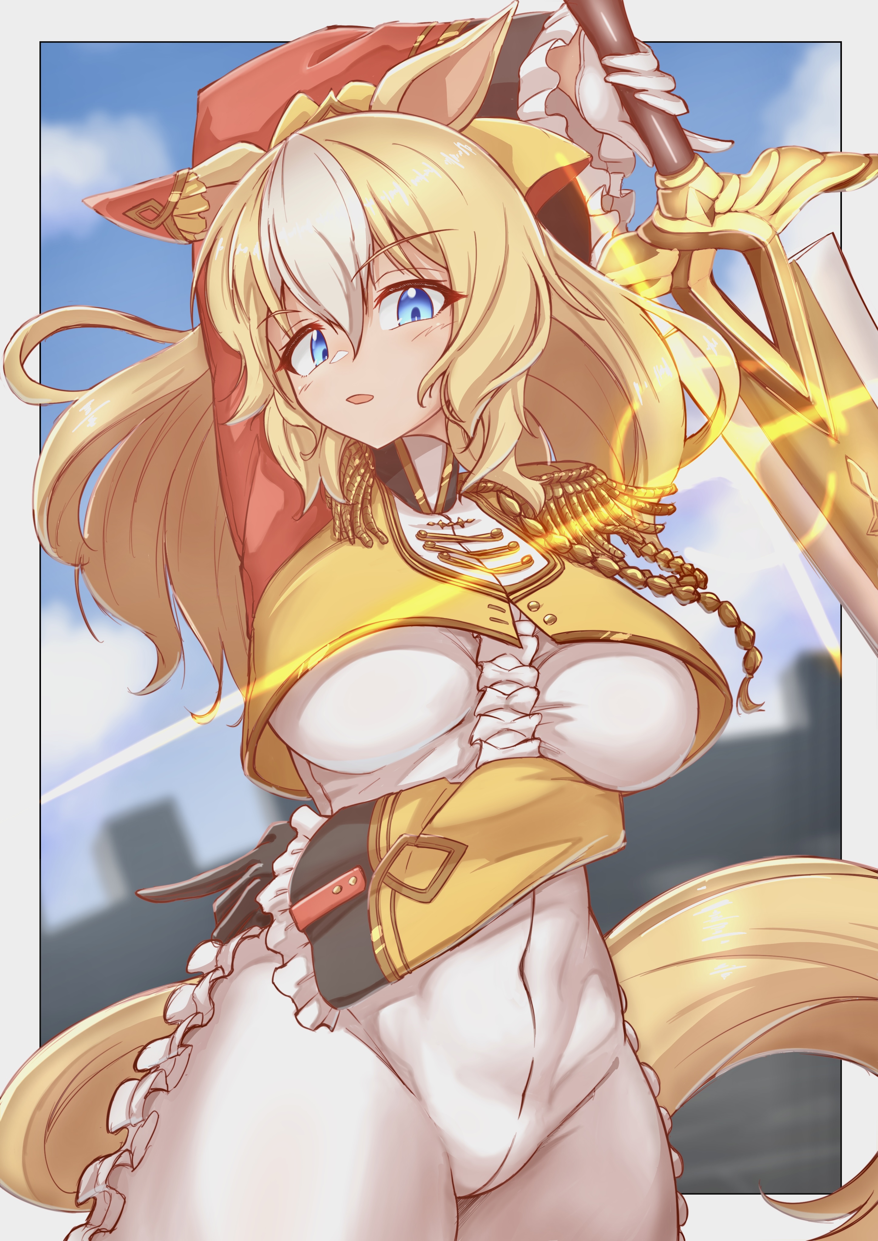 flova11, durandal (umamusume), umamusume, absurdres, commentary request, highres, revision, 1girl, animal ears, arm above head, arm under breasts, asymmetrical gloves, black gloves, blonde hair, blue eyes, blush, bodysuit, breasts, crop top, crop top overhang, cropped jacket, diffraction spikes, ear covers, ear ornament, epaulettes, fourragere, frilled bodysuit, frilled sleeves, frills, from below, gloves, hair between eyes, high collar, horse ears, horse girl, horse tail, long hair, long sleeves, looking at viewer, mismatched gloves, multicolored hair, open mouth, outdoors, outside border, pointing, single ear cover, solo, sword, tail, two-tone hair, weapon, white bodysuit, white hair