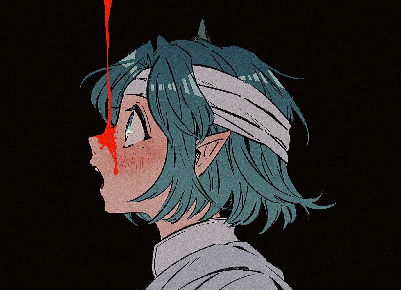 tochiko (spi), ami kiriwo, mairimashita! iruma-kun, 1boy, aqua eyes, aqua hair, bandaged head, bandages, black background, blood, blood drip, blood on face, blush, from side, male focus, mole, mole under eye, open mouth, pointy ears, short hair, simple background, solo, upper body, wide-eyed