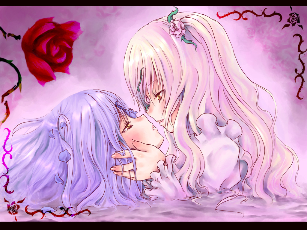pokomi, barasuishou, kirakishou, rozen maiden, rozen maiden traumend, 00s, 2girls, blonde hair, eyepatch, flower, holding, letterboxed, multiple girls, purple hair, rose, yellow eyes, yuri