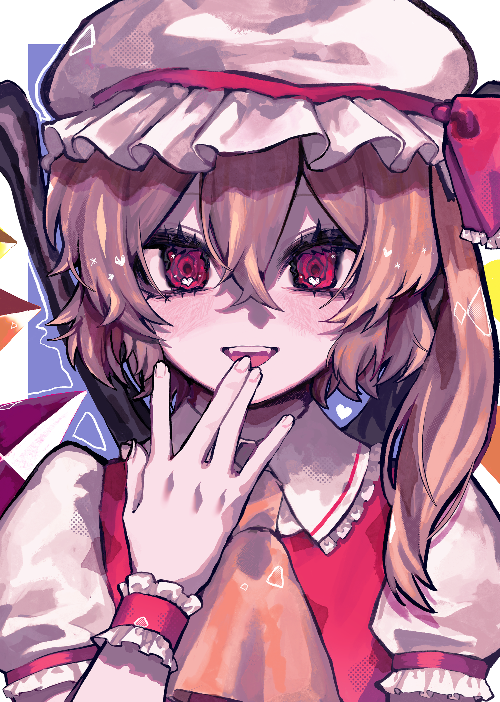 utu xia, flandre scarlet, touhou, absurdres, highres, second-party source, 1girl, ascot, blonde hair, crystal, crystal wings, frilled shirt collar, frills, hair between eyes, hat, hat ribbon, licking, licking finger, looking at viewer, mob cap, open mouth, puffy short sleeves, puffy sleeves, red eyes, red vest, ribbon, shirt, short sleeves, side ponytail, smile, solo, tongue, tongue out, touhou project exhibition: harajuku gensoukyou 2025 official, upper body, vest, wings, yellow ascot