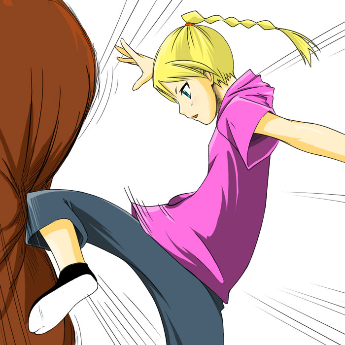 kumataka, tagme, 1girl, blonde hair, braid, female focus, knee strike, solo