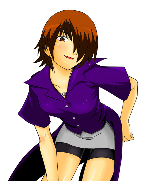 kumataka, tagme, 1girl, bent over, female focus, short hair, simple background, solo, standing, white background