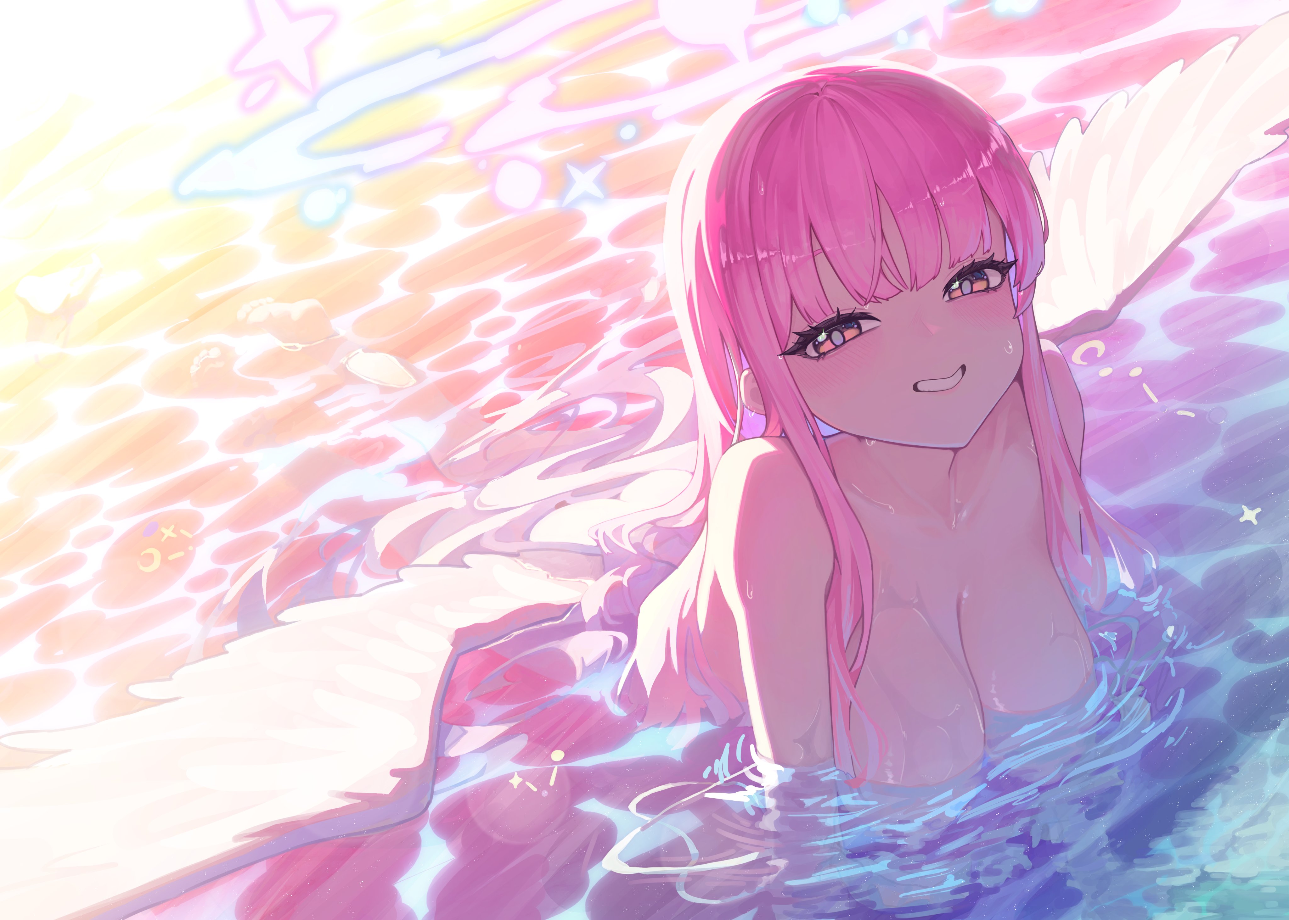 ilyowal, mika (blue archive), mika (swimsuit) (blue archive), blue archive, absurdres, highres, 1girl, ass, barefoot, blue halo, blush, breasts, butt crack, feathered wings, gradient halo, halo, large breasts, long hair, looking at viewer, low wings, multicolored halo, naughty face, official alternate hairstyle, partially submerged, pink hair, pink halo, raised eyebrows, smile, solo, teeth, very long hair, wardrobe malfunction, water, wet, wings, yellow eyes