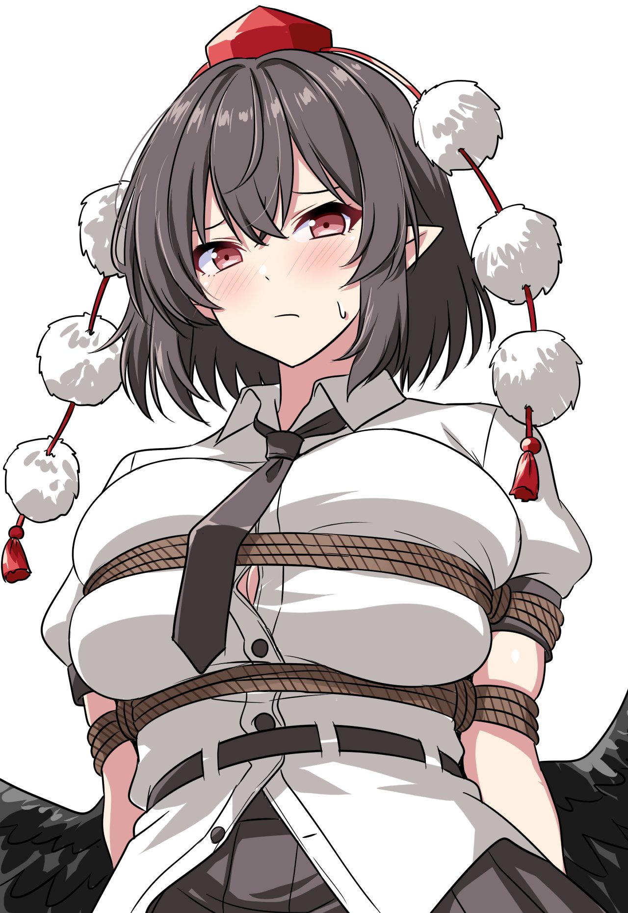 rise (rise19851203), shameimaru aya, touhou, commentary, highres, 1girl, arms behind back, bdsm, black necktie, black skirt, black wings, blush, bondage, bound, breasts, brown hair, button gap, cleavage, closed mouth, collared shirt, hat, large breasts, looking at viewer, medium hair, necktie, pointy ears, pom pom (clothes), puffy short sleeves, puffy sleeves, red eyes, red hat, shibari, shibari over clothes, shirt, short sleeves, simple background, skirt, solo, sweatdrop, tokin hat, white background, white shirt, wings