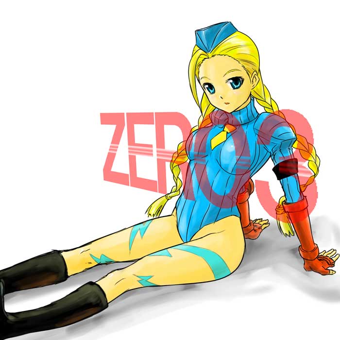 kumataka, cammy white, capcom, street fighter, blue headwear, 1girl, arm support, blonde hair, blue eyes, blue leotard, boots, braid, breasts, fingerless gloves, garrison cap, gauntlets, gloves, hat, highleg, highleg leotard, leotard, long hair, long sleeves, looking at viewer, necktie, red gloves, ribbed leotard, shadow, twin braids, very long hair