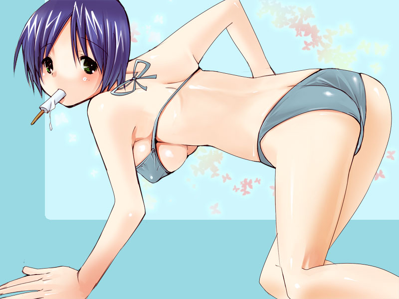 jakou nezumi, 1girl, all fours, ass, bikini, breasts, female focus, food, green eyes, large breasts, mouth hold, popsicle, purple hair, short hair, solo, swimsuit, underboob