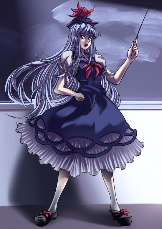 rsk, kamishirasawa keine, touhou, silver hair, 1girl, chalkboard, dress, female focus, full body, hat, indoors, long hair, red eyes, solo