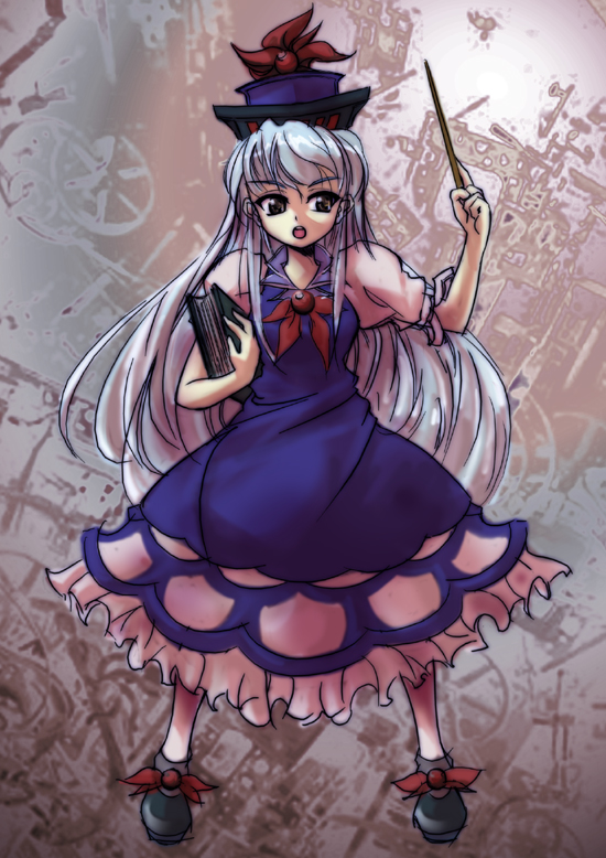 rsk, kamishirasawa keine, touhou, silver hair, 1girl, book, dress, female focus, full body, hat, long hair, solo