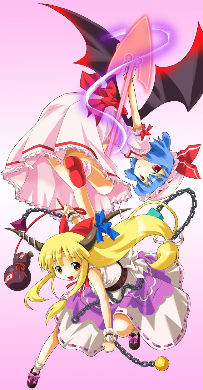 michii yuuki, ibuki suika, remilia scarlet, touhou, brown footwear, red footwear, highres, 2girls, bat wings, belt, blonde hair, blue bow, blue hair, bottle, bow, chain, cube, dress, female focus, footwear bow, frilled dress, frilled shirt collar, frills, fringe trim, gradient background, hair bow, hat, hat ribbon, horn bow, horn ornament, horns, knee up, long hair, low-tied long hair, mob cap, multiple girls, neck ribbon, open mouth, orange eyes, pink bow, pink dress, pink hat, pink ribbon, puffy short sleeves, puffy sleeves, pyramid (structure), red bow, red eyes, red ribbon, ribbon, ribbon-trimmed skirt, ribbon trim, sake bottle, sash, shirt, shoes, short hair, short sleeves, sleeveless, sleeveless shirt, socks, spear the gungnir, wings, wrist cuffs, yellow eyes