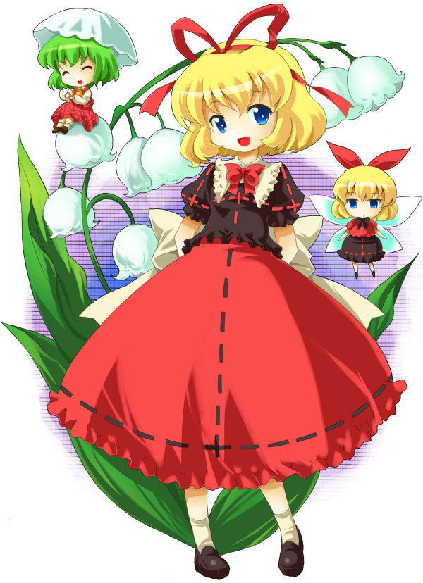 michii yuuki, kazami yuuka, medicine melancholy, su-san, touhou, brown footwear, 3girls, ^ ^, arms behind back, blonde hair, blue eyes, bow, bowtie, brown ribbon, brown shirt, chibi, closed eyes, collar, doll, dress, fairy, fairy wings, female focus, flower, full body, green hair, hair ribbon, lily of the valley, multiple girls, open mouth, parasol, plaid clothes, plaid skirt, plaid vest, plant, puffy short sleeves, puffy sleeves, red bow, red bowtie, red ribbon, red skirt, ribbon, ribbon-trimmed clothes, ribbon-trimmed shirt, ribbon-trimmed skirt, ribbon trim, sash, shirt, shoes, short hair, short sleeves, skirt, socks, umbrella, vest, white background, white bow, white collar, wings