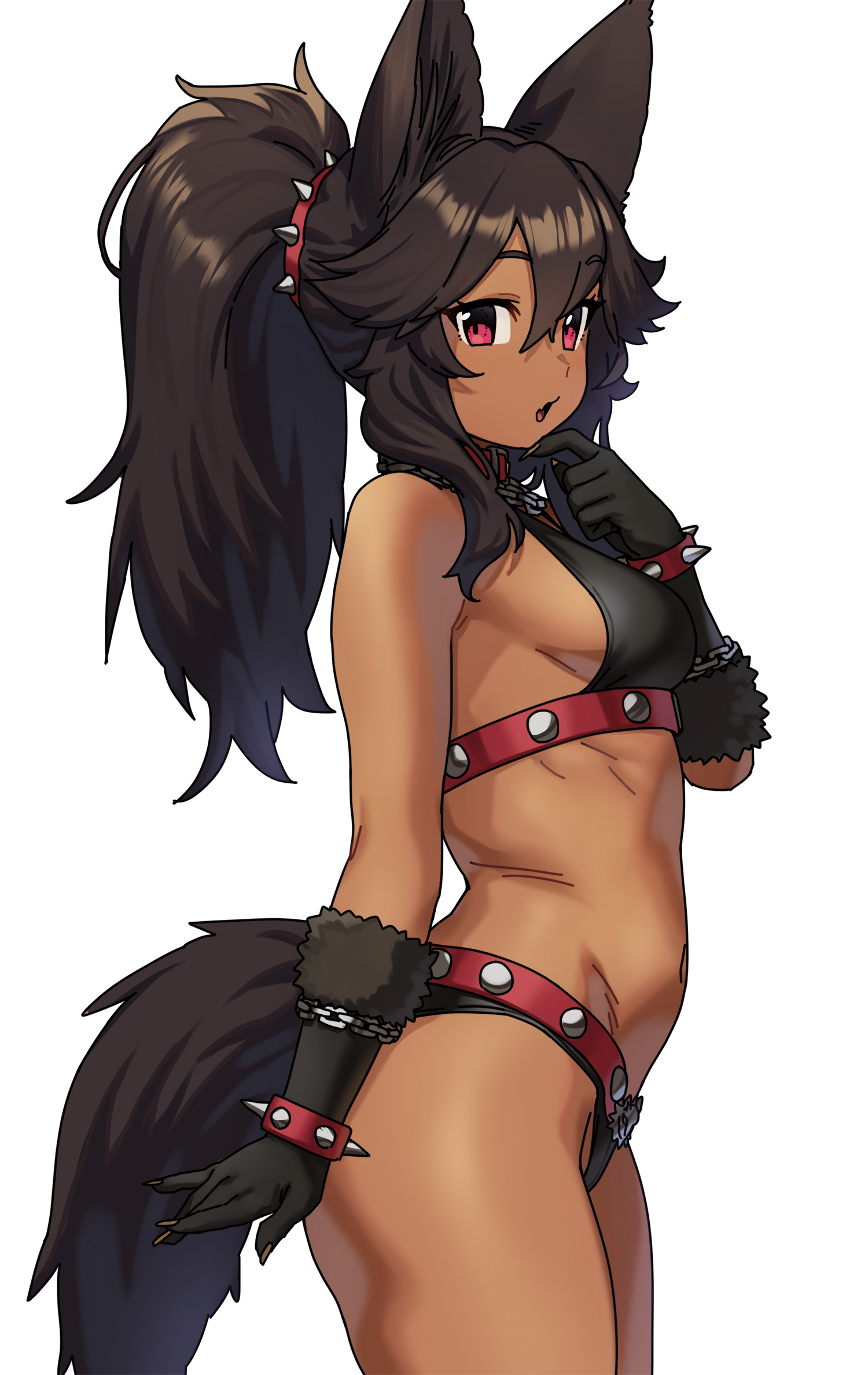 houtengeki, cerberus (houtengeki), original, highres, 1girl, animal ears, black bra, black gloves, black hair, black panties, bra, bracelet, breasts, chain, chain bracelet, collar, dark-skinned female, dark skin, dog ears, dog girl, dog tail, finger to own chin, from side, fur-trimmed gloves, fur trim, gloves, jewelry, long hair, looking at viewer, medium breasts, navel, panties, pink eyes, ponytail, simple background, spiked bracelet, spikes, stomach, tail, underwear, white background