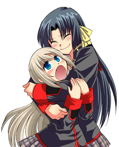 mgk968, noumi kudryavka, little busters!, tagme, 2girls, blue eyes, hug, multiple girls, simple background