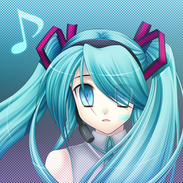 eko, hatsune miku, vocaloid, eyebrows, 1girl, aqua hair, aqua necktie, barcode, blouse, blue eyes, blue hair, collared shirt, eyes visible through hair, facial mark, female focus, grey shirt, hair ornament, hair over one eye, long hair, looking at viewer, matching hair/eyes, musical note, necktie, quaver, shirt, sleeveless, sleeveless shirt, solo, swept bangs, twintails
