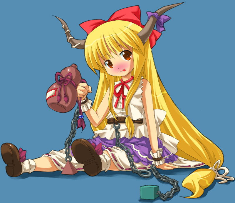 michii yuuki, ibuki suika, touhou, jpeg artifacts, 1girl, drunk, female focus, full body, horns, long hair, low-tied long hair, skirt, solo