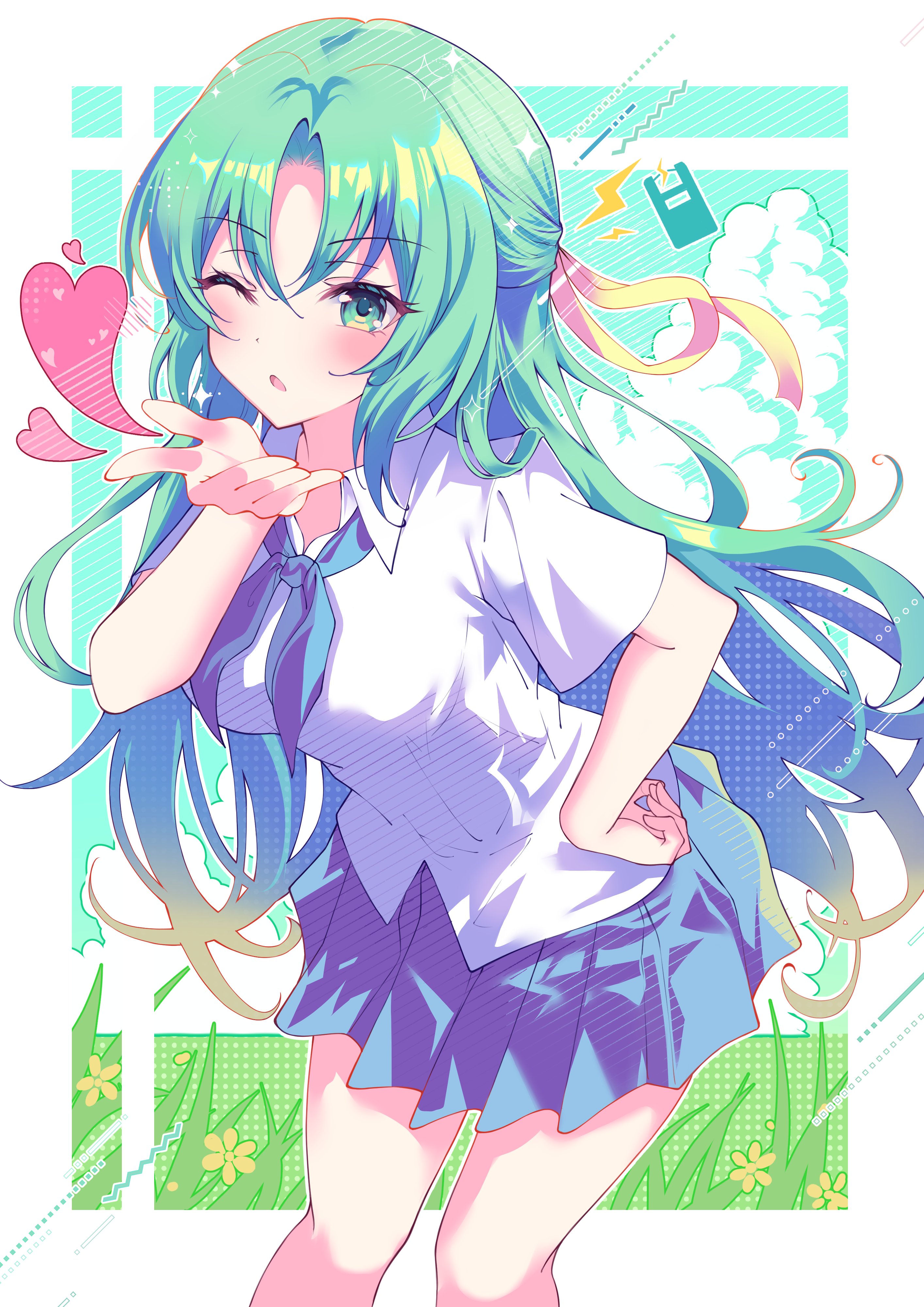 nyako (x nyako x), sonozaki shion, higurashi no naku koro ni, absurdres, hashtag-only commentary, highres, 1girl, ;o, blowing kiss, blue neckerchief, blue skirt, blush, border, breasts, collared shirt, curtained hair, feet out of frame, green eyes, green hair, hair between eyes, hair ribbon, half updo, hand on own hip, heart, leaning forward, long hair, looking at viewer, medium breasts, miniskirt, neckerchief, one eye closed, outside border, parted lips, pleated skirt, ribbon, school uniform, shirt, skirt, solo, very long hair, white border, white shirt, wing collar, yellow ribbon