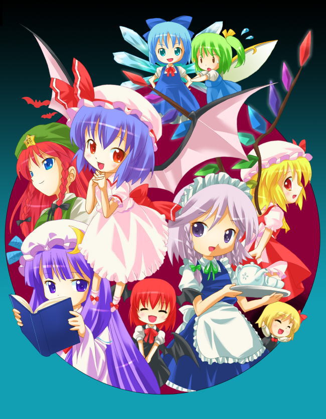 michii yuuki, cirno, daiyousei, flandre scarlet, hong meiling, izayoi sakuya, koakuma, patchouli knowledge, remilia scarlet, rumia, embodiment of scarlet devil, touhou, jpeg artifacts, 6+girls, ^ ^, apron, bat (animal), bat wings, blonde hair, blue bow, blue eyes, blue hair, book, bow, chibi, closed eyes, crescent, crescent hair ornament, everyone, female focus, green hair, green hat, hair bow, hair ornament, hat, hat ribbon, long hair, maid, maid headdress, mob cap, multiple girls, open book, purple eyes, purple hair, reading, red eyes, red hair, ribbon, short hair, waist apron, wings
