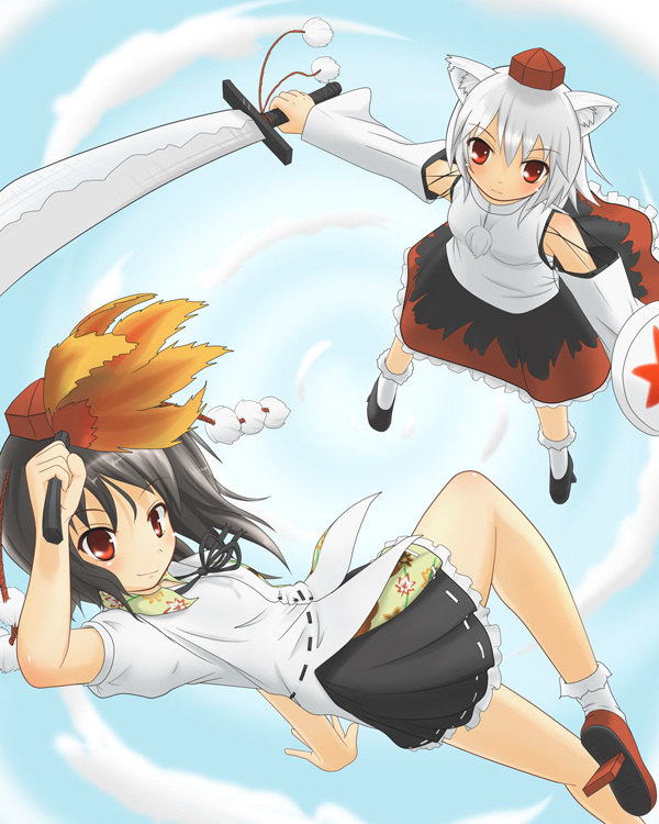 inubashiri momiji, shameimaru aya, touhou, 2girls, animal ears, blush, female focus, geta, hat, multiple girls, red eyes, short hair, skirt, sword, tengu-geta, tokin hat, weapon, wolf ears