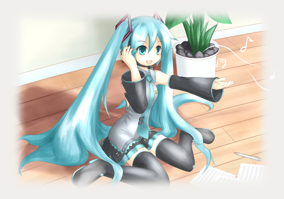 hatsune miku, vocaloid, headphones, long hair, music, singing, solo, thighhighs, twintails, very long hair