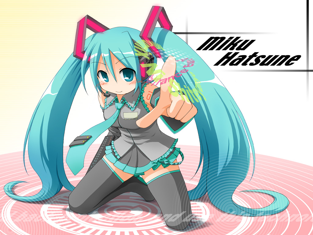 earth ekami, hatsune miku, vocaloid, 1girl, aqua hair, black thighhighs, female focus, foreshortening, hair between eyes, long hair, solo, thighhighs, twintails, very long hair
