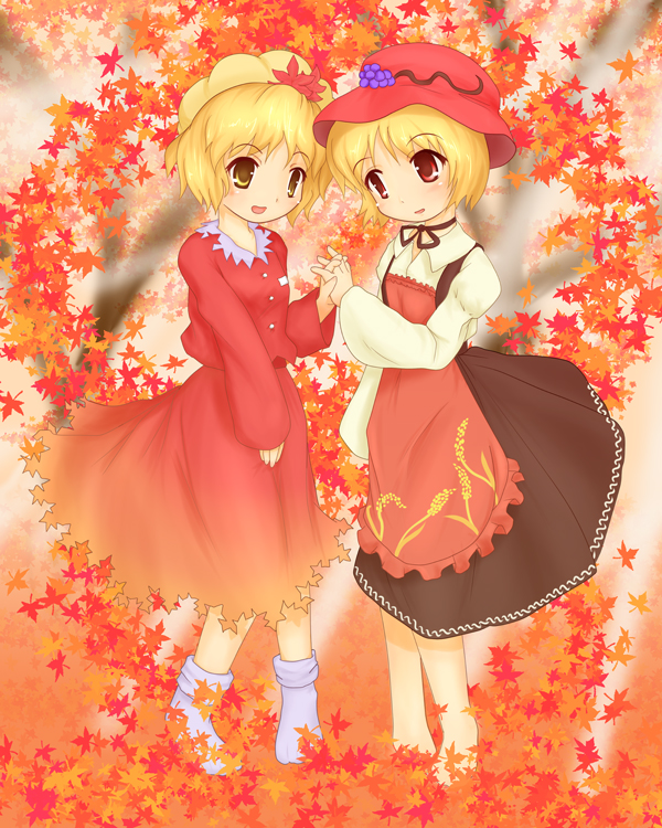 aki minoriko, aki shizuha, touhou, 2girls, barefoot, blonde hair, female focus, food, fruit, grapes, hair ornament, hat, leaf, leaf hair ornament, leaf on head, multiple girls, red eyes, short hair, siblings, sisters, smile, socks, yellow eyes