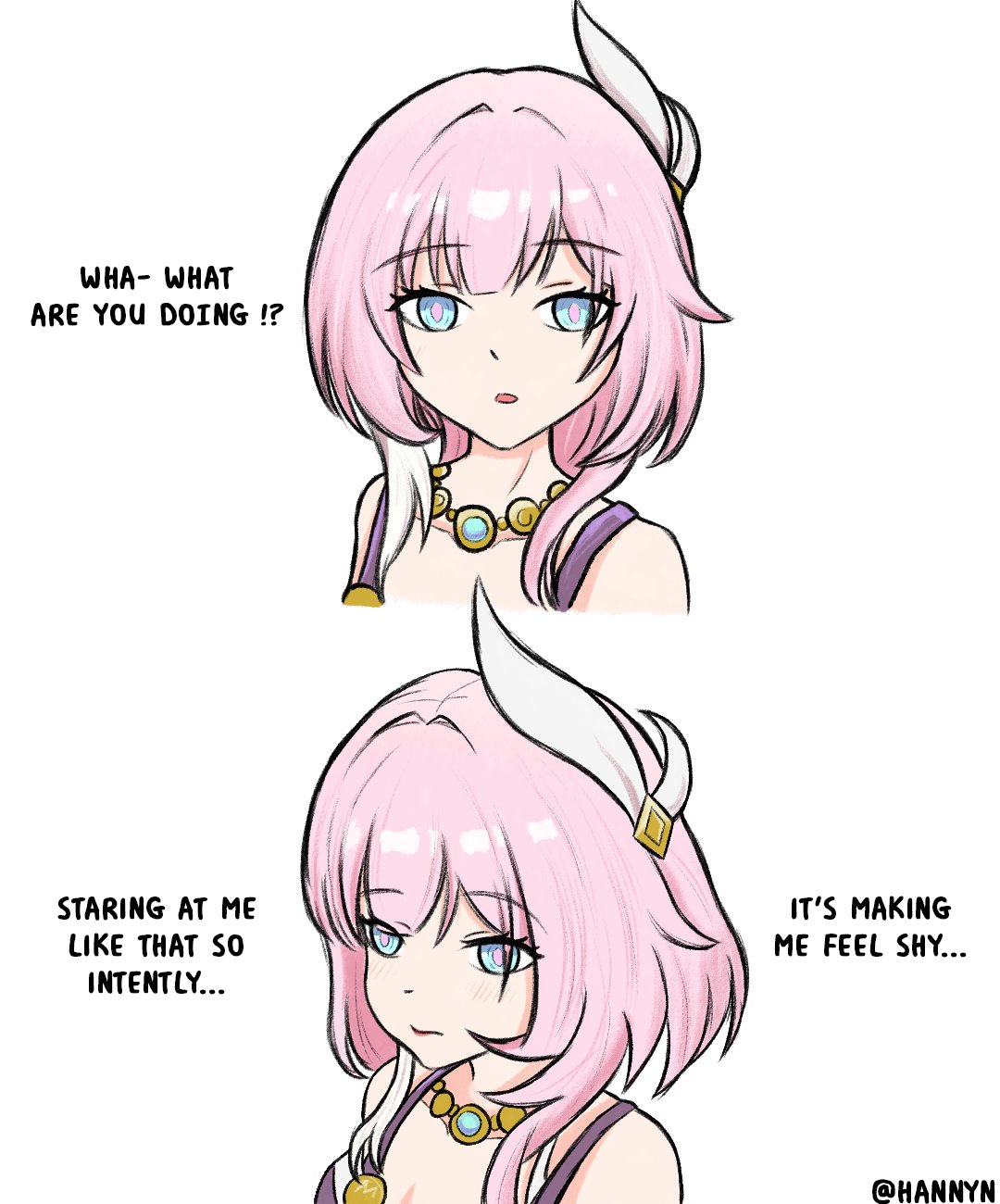 cyrene (honkai: star rail), honkai: star rail, honkai (series), commentary, english commentary, highres, 1girl, bare shoulders, blue eyes, coat, english text, hair ornament, hannyn, jewelry, looking to the side, multicolored hair, multiple views, necklace, parted lips, pink hair, purple coat, short hair, simple background, twitter username, two-tone hair, white background, white hair
