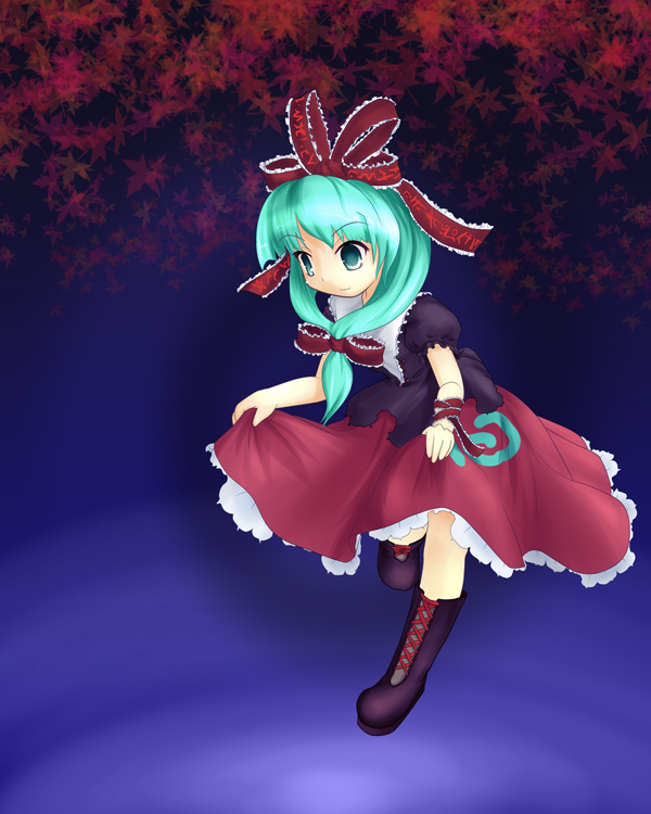 kagiyama hina, wriggle nightbug, touhou, 1girl, aqua eyes, aqua hair, arm ribbon, boots, bow, female focus, front ponytail, hair bow, hair ornament, hair ribbon, lace-up boots, long hair, puffy sleeves, ribbon, short sleeves, skirt hold, smile, solo