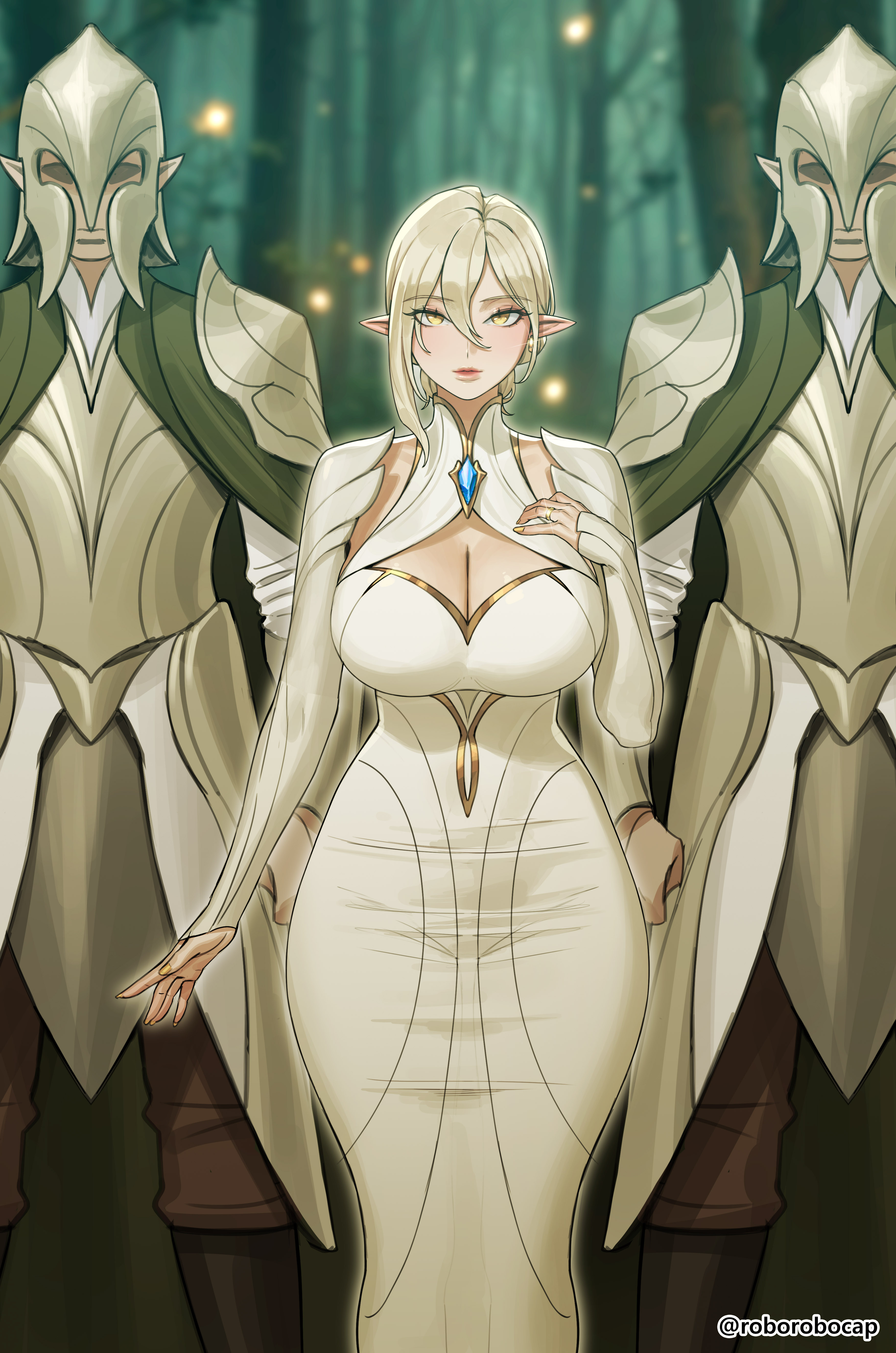roborobocap, original, absurdres, commentary, highres, mixed-language commentary, 1girl, 2boys, armor, blonde hair, breasts, cleavage, dress, forest, hair between eyes, hand on own chest, helmet, large breasts, looking at viewer, multiple boys, nature, outdoors, pointy ears, shoulder armor, standing, tree, twitter username, white dress, yellow eyes