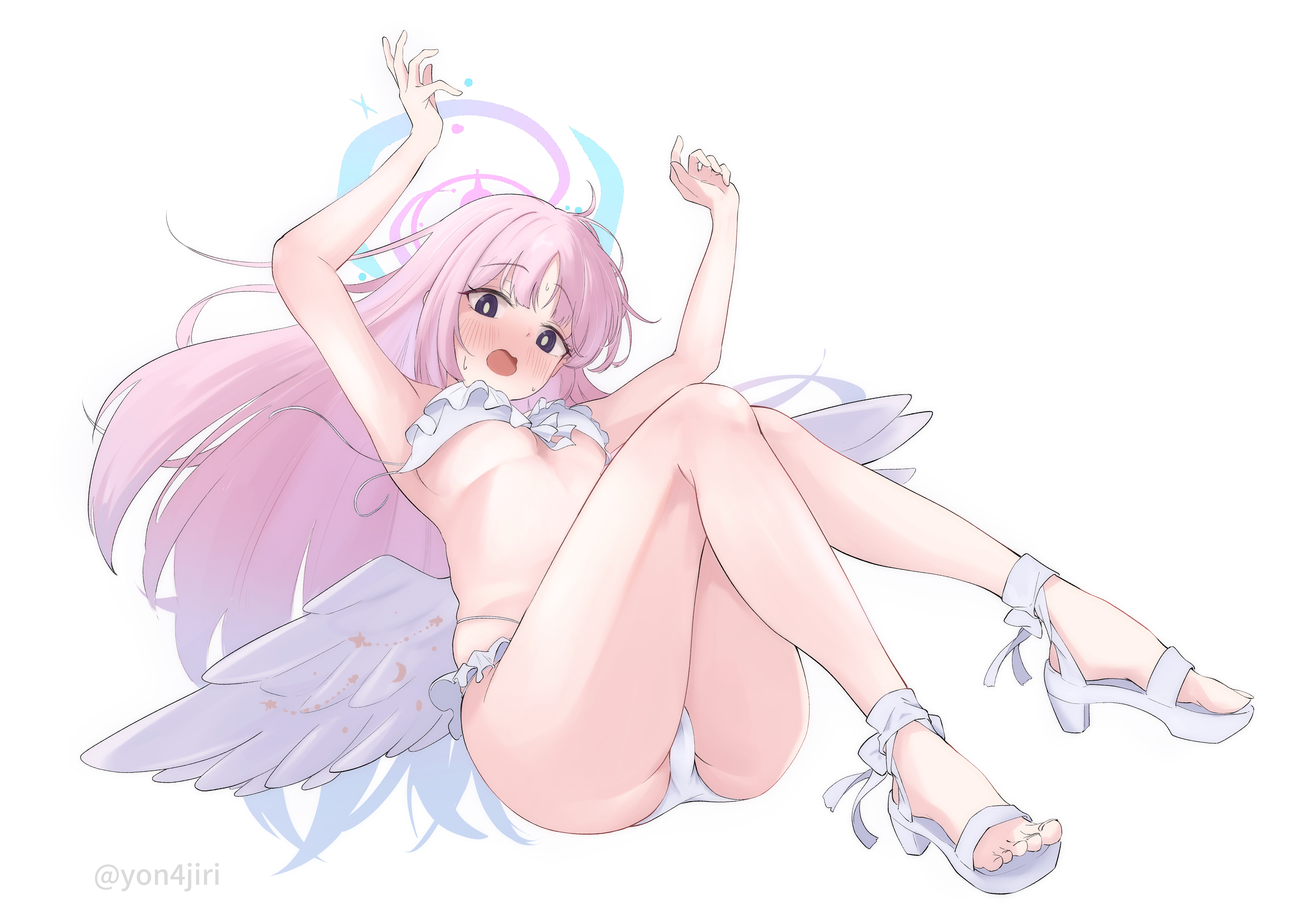 4jiri, mika (blue archive), mika (swimsuit) (blue archive), blue archive, absurdres, highres, 1girl, angel wings, arms up, ass, bikini, blush, breasts, feathered wings, frilled bikini, frills, gradient halo, halo, large breasts, long hair, looking at viewer, low wings, multicolored halo, official alternate costume, open mouth, pink hair, pink halo, sandals, simple background, solo, sweatdrop, swimsuit, toes, underboob, untied bikini top, white background, white bikini, white wings, wing ornament, wings