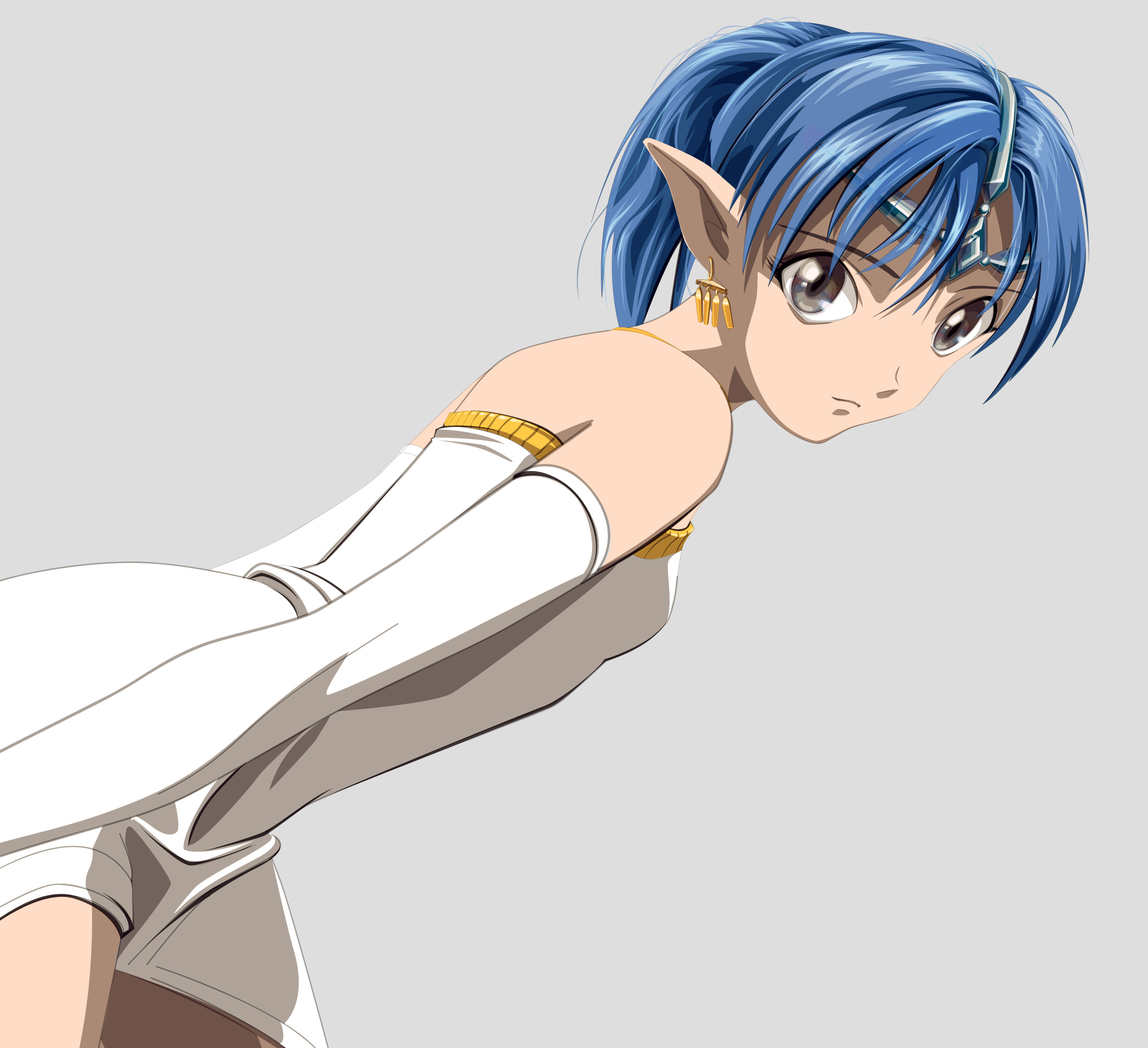 lafiel, seikai no senki, highres, tagme, 1girl, bare shoulders, blue hair, earrings, female focus, jewelry, looking at viewer, pointy ears, simple background, solo
