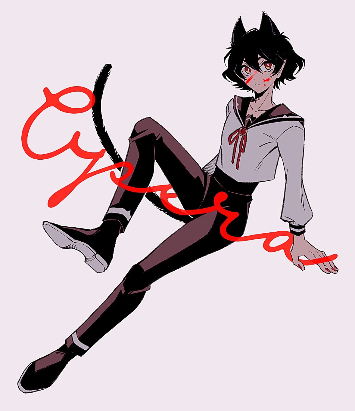 tochiko (spi), opera (iruma-kun), mairimashita! iruma-kun, highres, 1other, animal ears, black hair, black pants, black sailor collar, black shoes, blood, blood on face, brooch, cat ears, cat tail, character name, colored shoe soles, cursive, expressionless, extra ears, full body, high-waist pants, jewelry, long sleeves, looking at viewer, other focus, pants, pointy ears, red eyes, red ribbon, ribbon, sailor collar, school uniform, serafuku, shirt, shoes, short hair, simple background, sitting, solo, tail, white background, white shirt