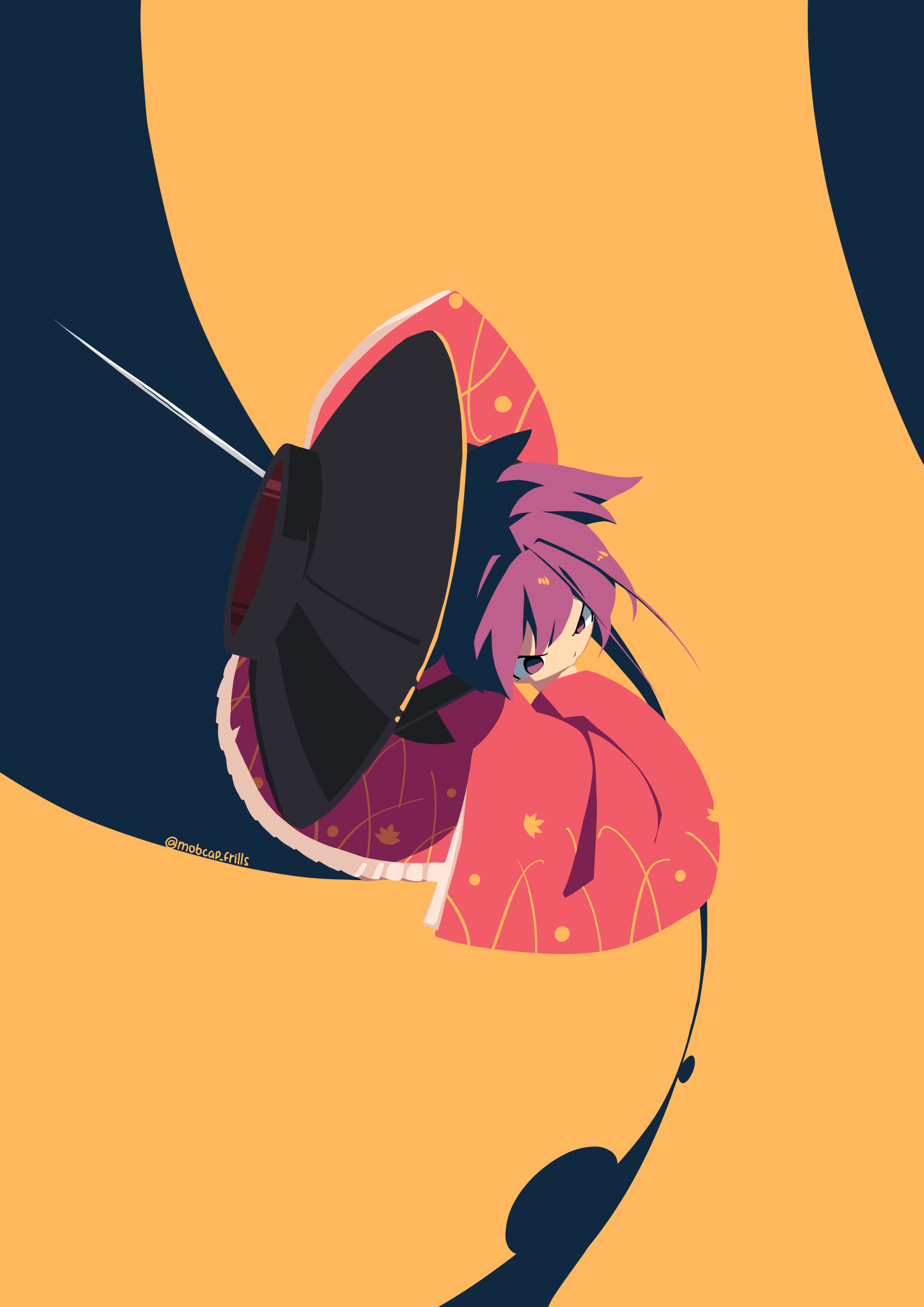 mobcap, sukuna shinmyoumaru, touhou, absurdres, highres, 1girl, bowl, bowl hat, full body, hat, holding, holding needle, japanese clothes, kimono, long sleeves, mini person, minigirl, needle, purple eyes, purple hair, red kimono, sash, short hair, solo, twitter username, wide sleeves