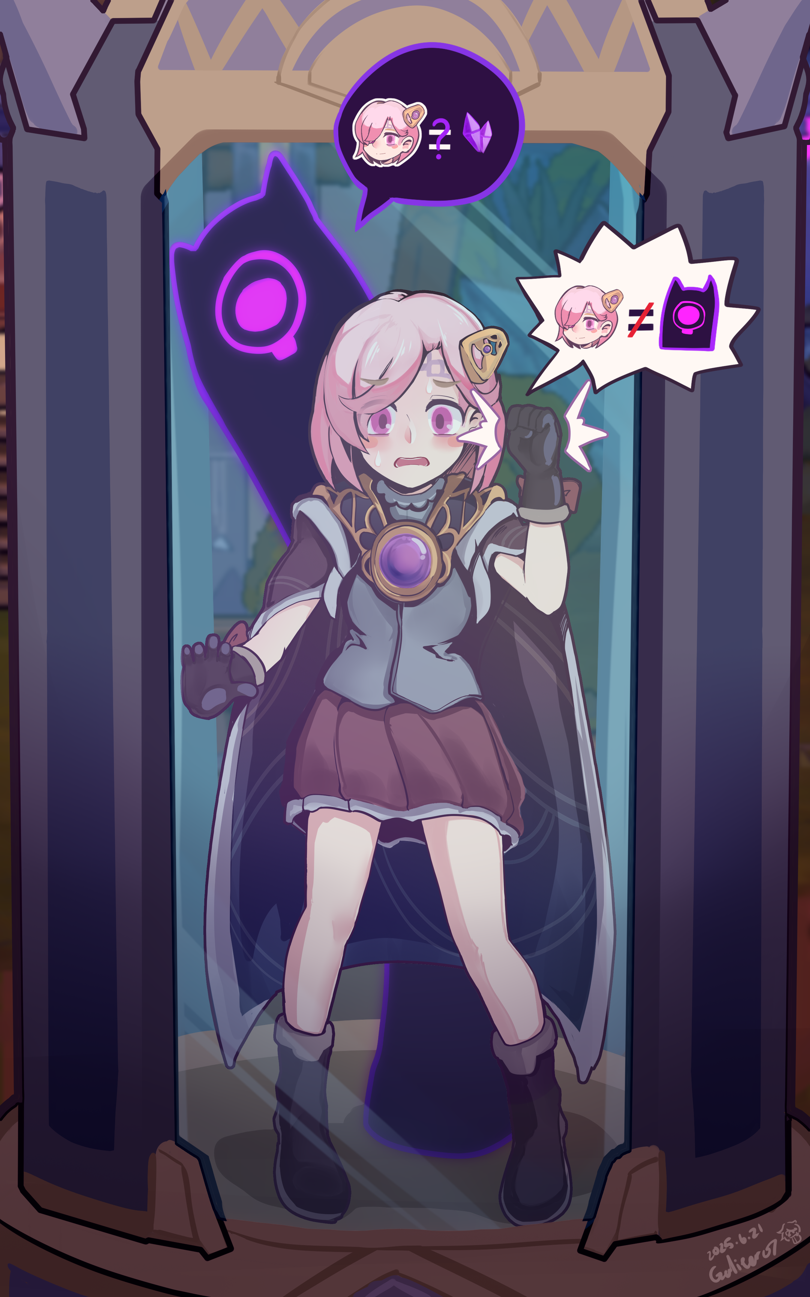 galiter, original, absurdres, highres, facing viewer, frown, looking at viewer, nervous, pink eyes, pink hair, solo, speech bubble, standing, straight-on
